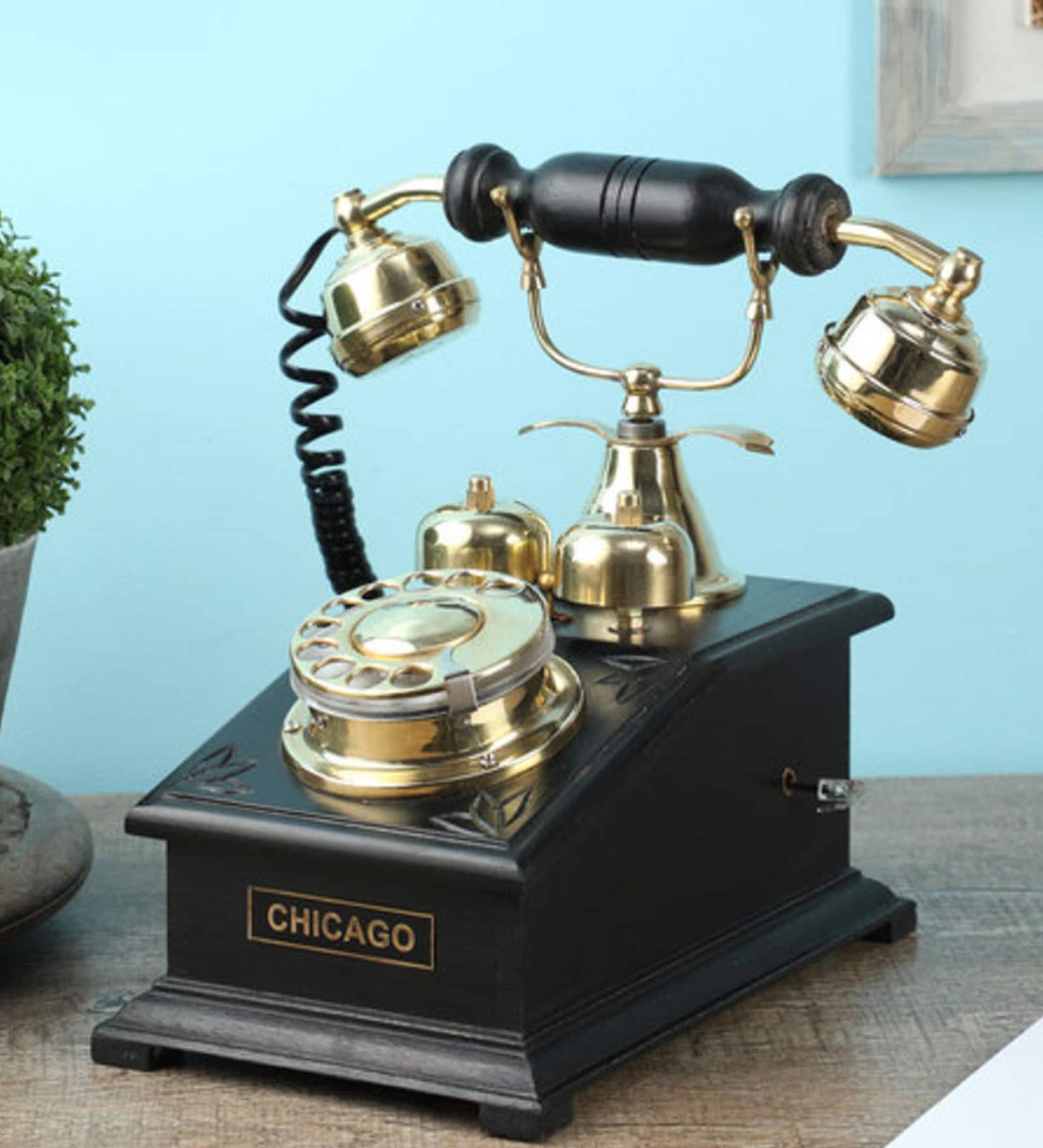 Chicago Working Telephone In Brown Wood & Metal Showpiece