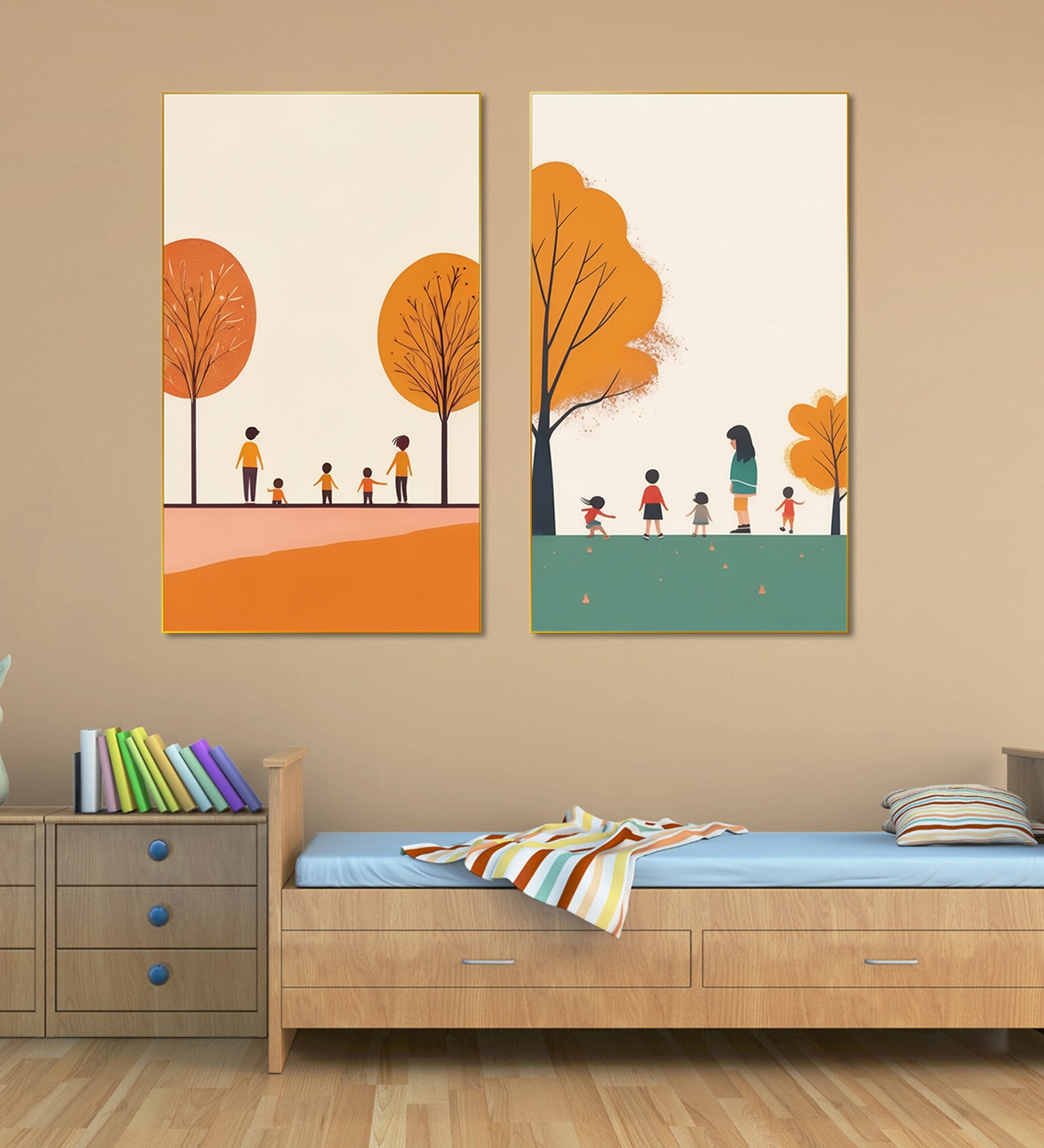 Children's Joyful Outdoor Playtime Canvas Wall Painting for Set of 2 Gold Frame