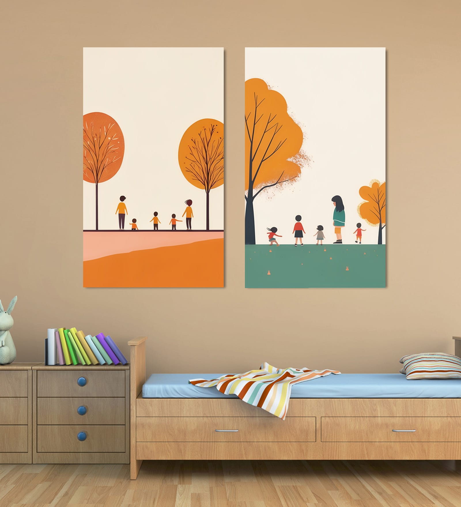 Children's Joyful Outdoor Playtime Canvas Wall Painting for Set of 2 Stretch Canvas Frame