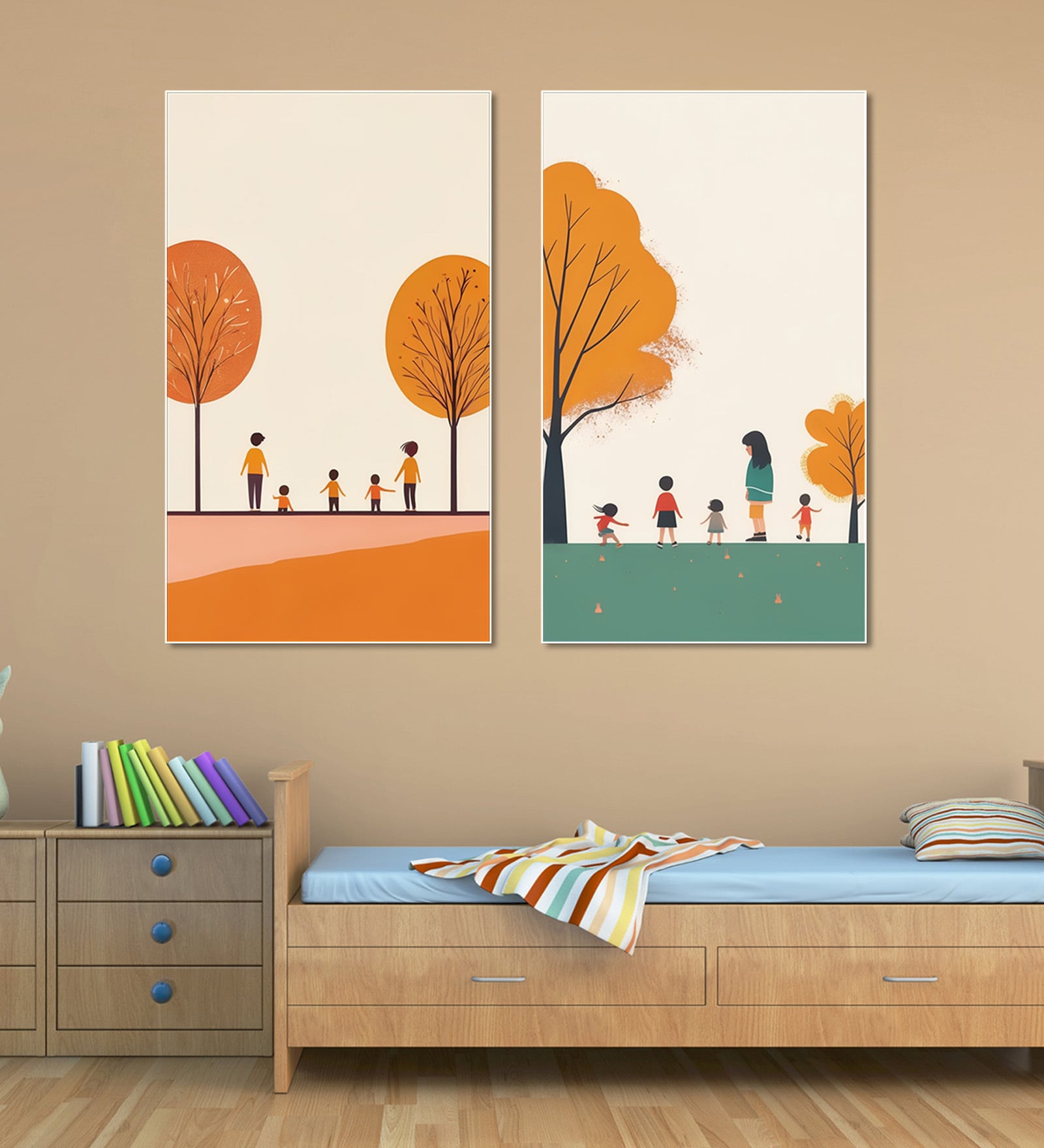 Children's Joyful Outdoor Playtime Canvas Wall Painting for Set of 2 White Frame
