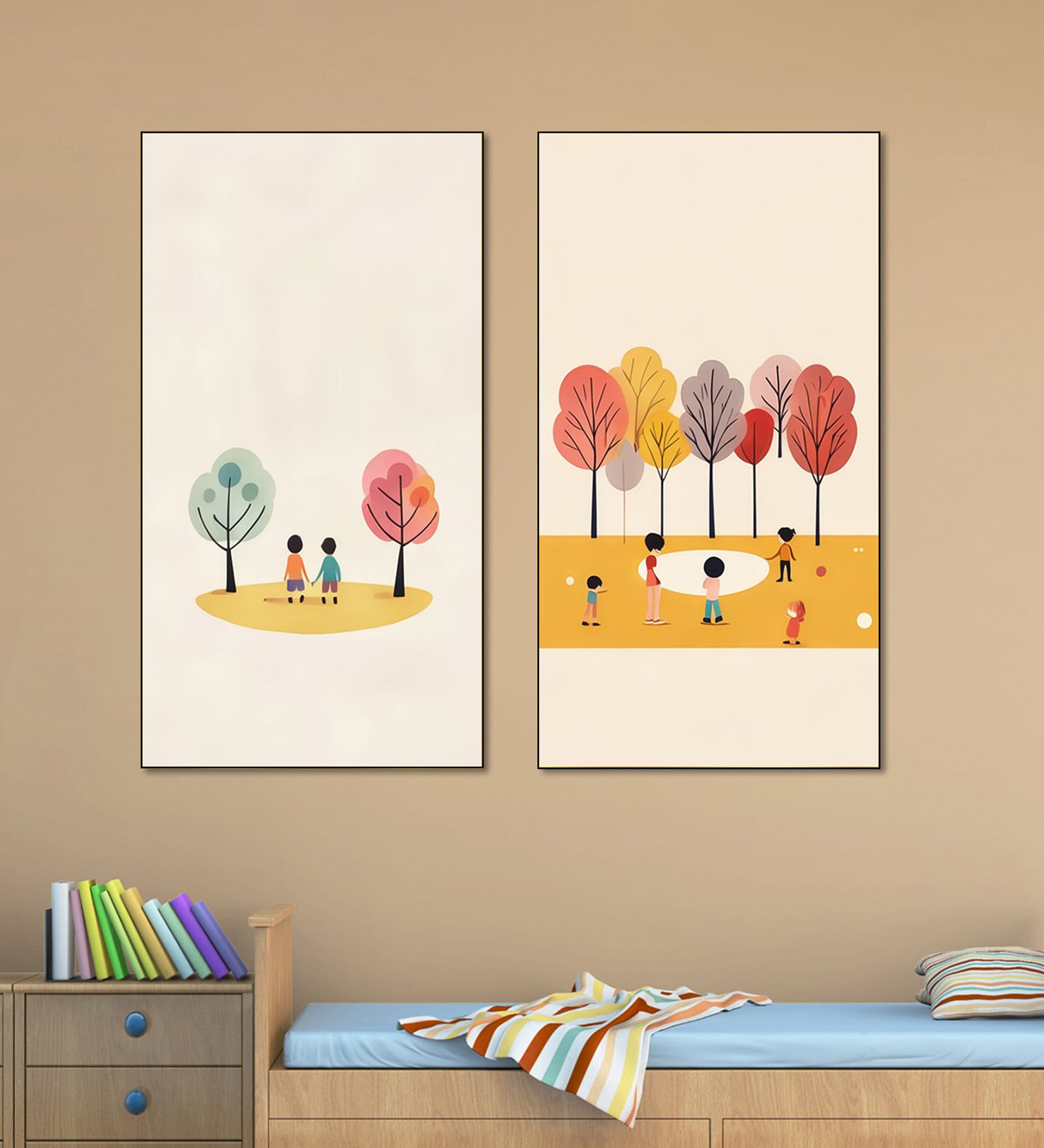 Children's Joyful Outdoor Playtime Canvas Wall Painting Set of 2 Black Frame
