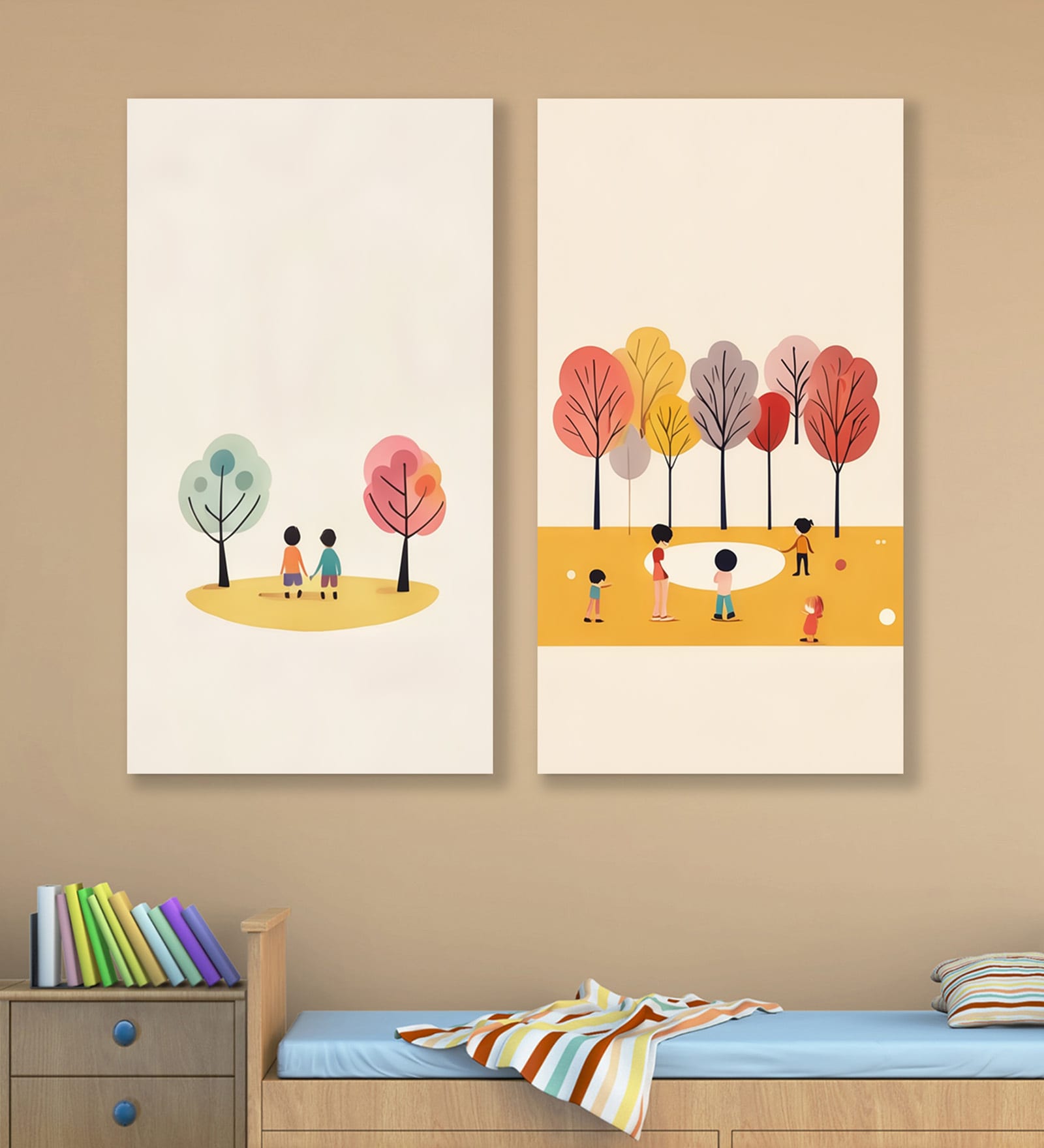 Children's Joyful Outdoor Playtime Canvas Wall Painting Set of 2 Stretch Canvas Frame
