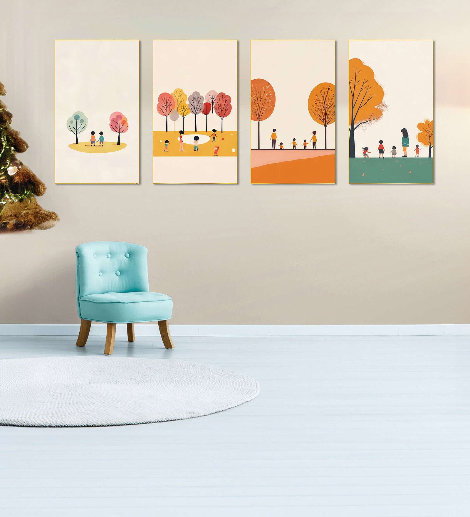 Children's Joyful Outdoor Playtime Canvas Wall Painting Set of 4 Gold Frame