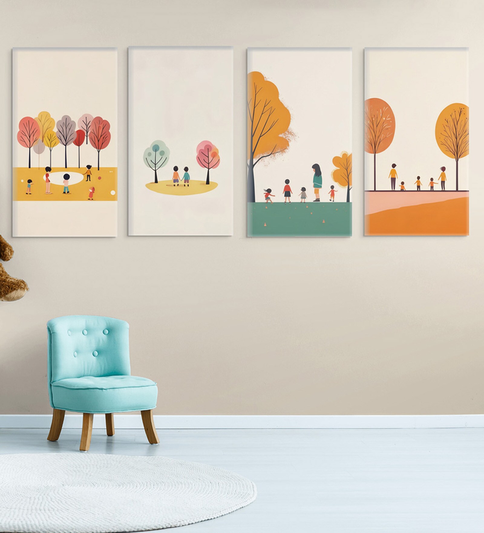 Children's Joyful Outdoor Playtime Canvas Wall Painting Set of 4 Stretch Canvas Frame