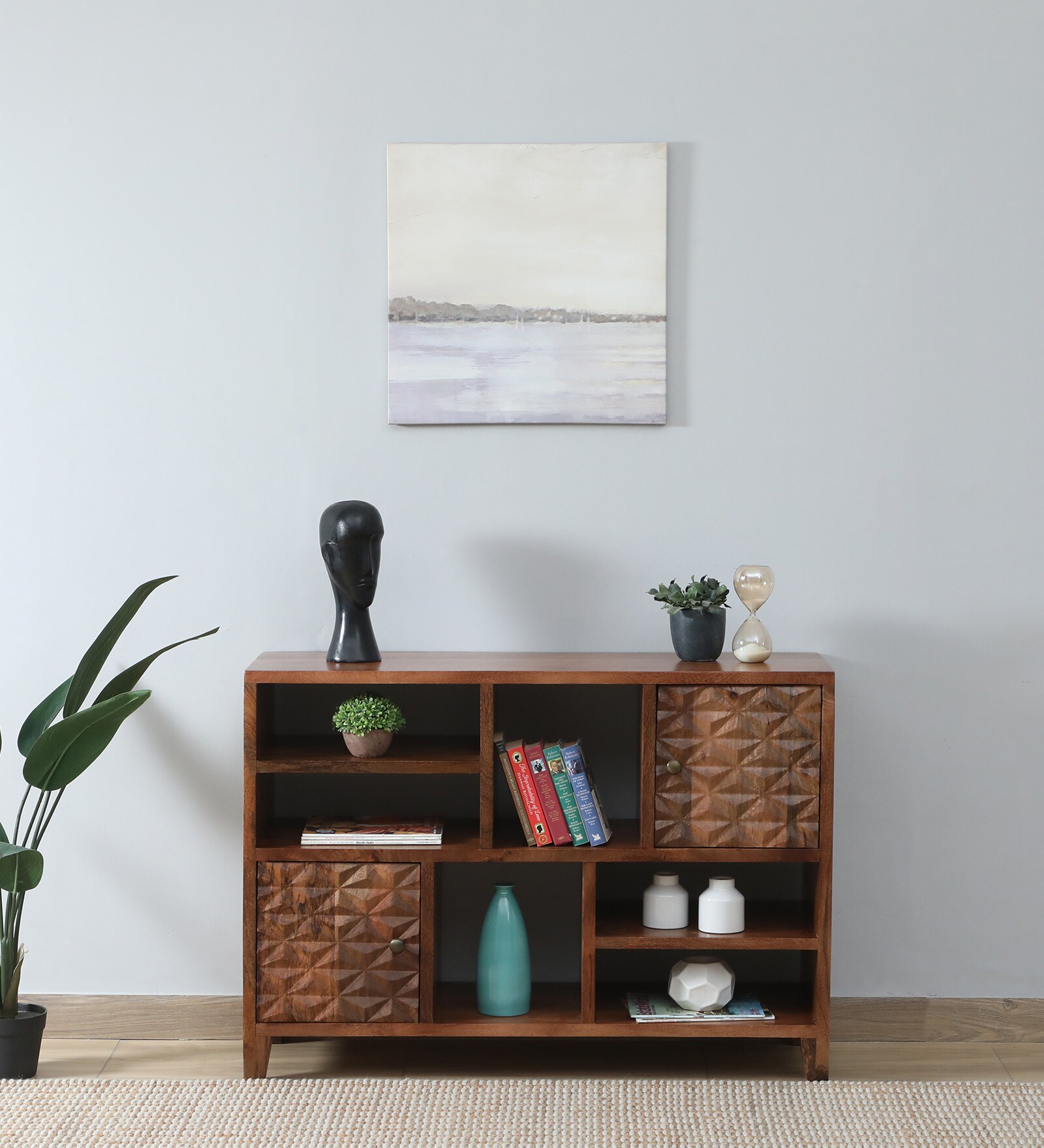 Chimay Mango Wood Display Cabinet In Rustic Teak Finish With Storage