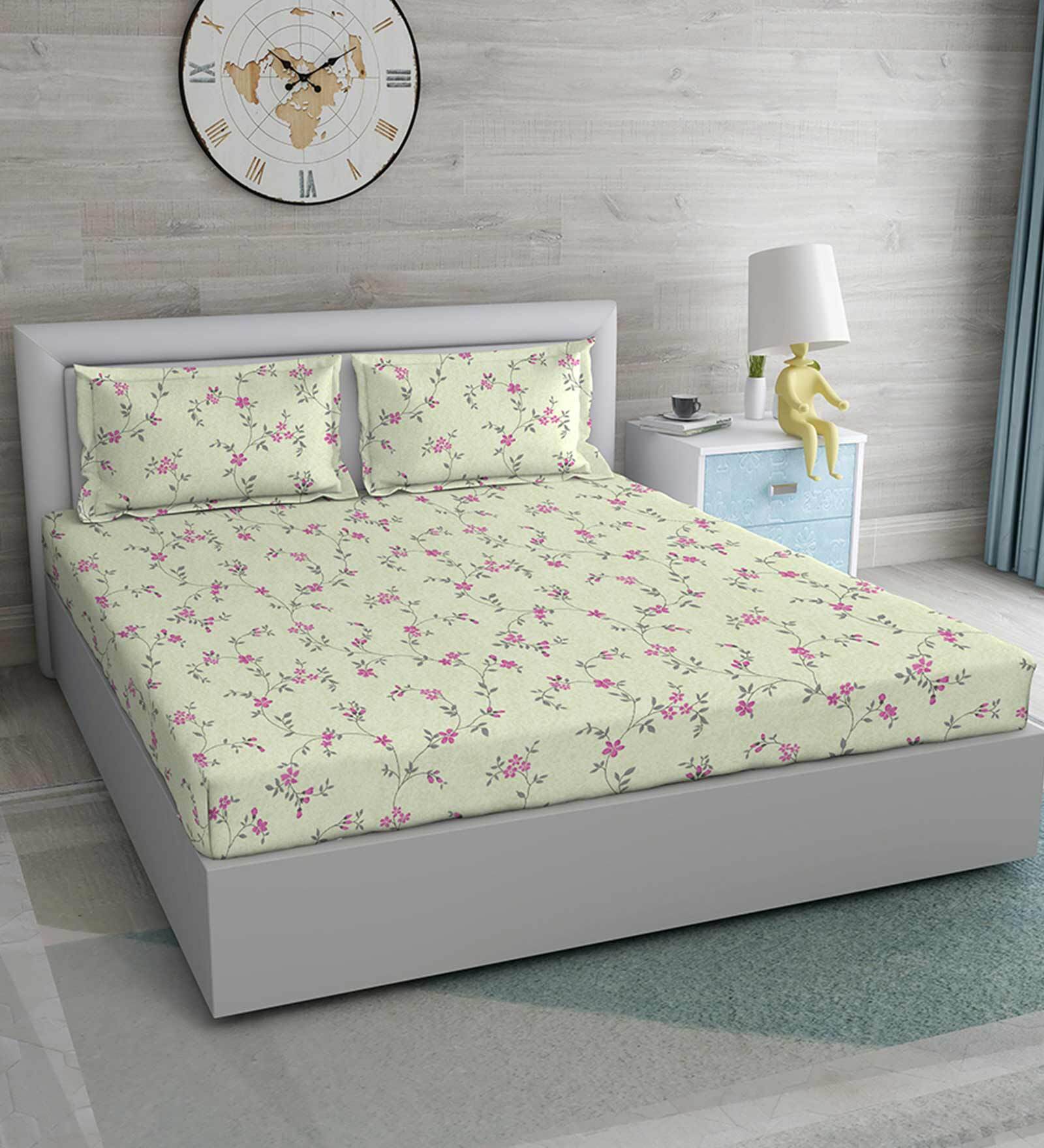 Buy Green Floral Cotton 244 TC Antibacterial Bedsheet Set Double Size Bedsheet with 2 pillow