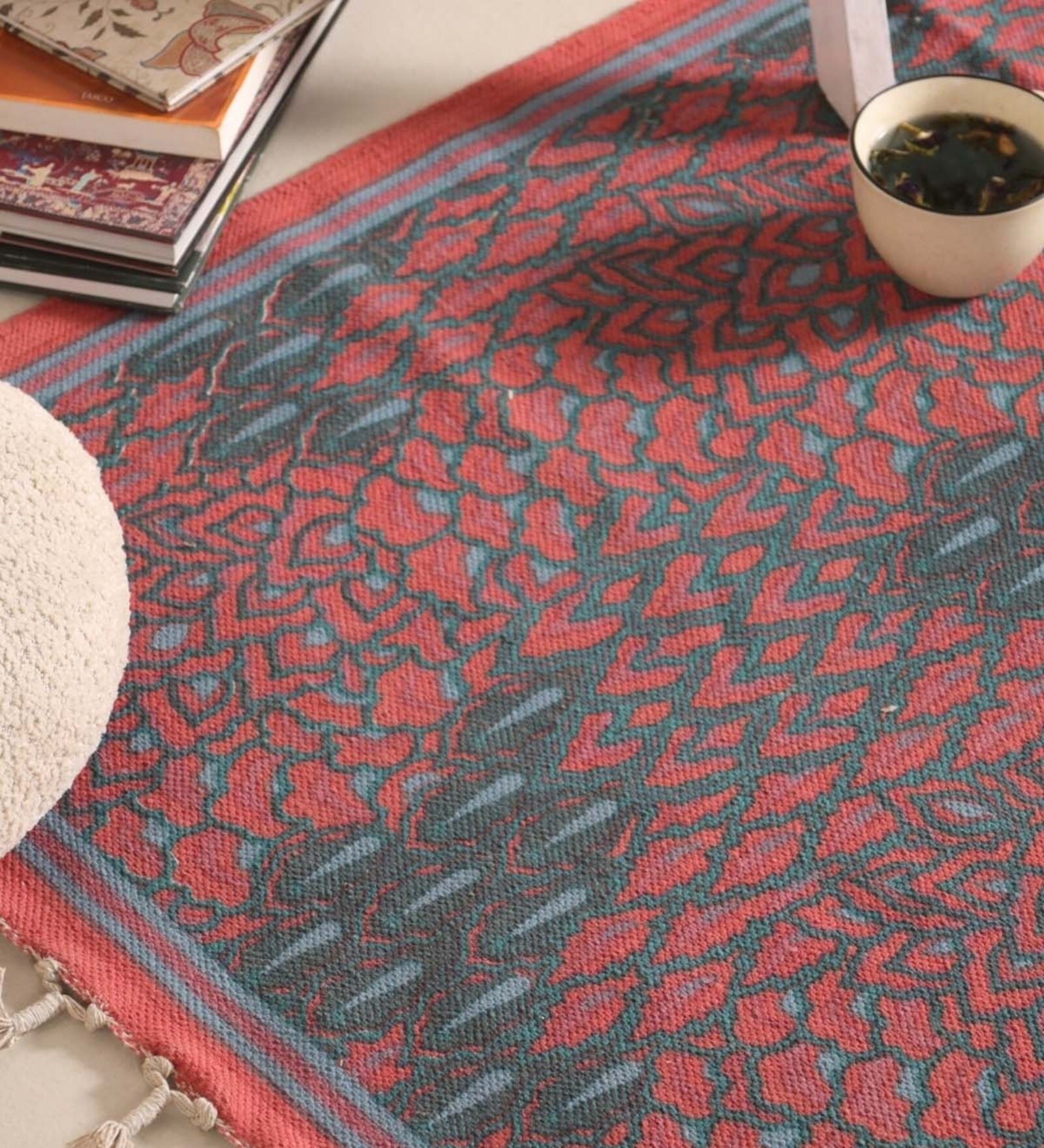 Chintz Handprinted Block Print Cotton 3x5 ft Rug Coral & Teal