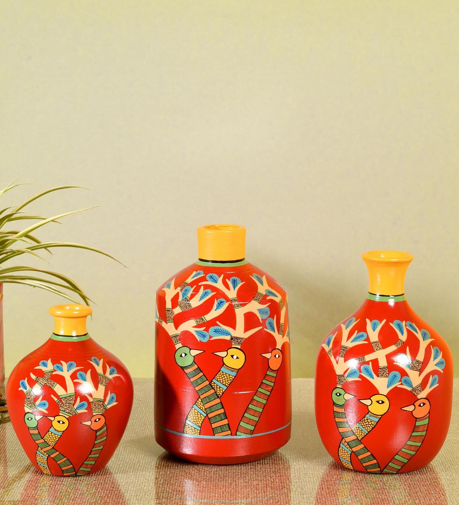 Chirping Birds (Set Of 3) Red Terracotta Table Vase