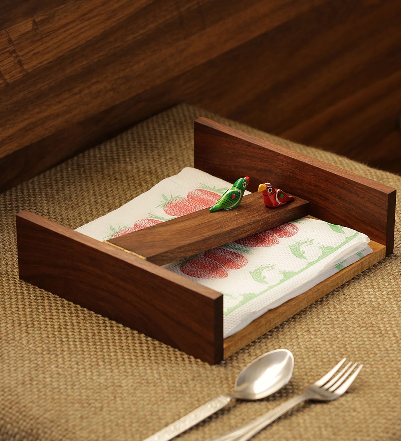 Chirping Love Brown Sheesham Wood Napkin Holder