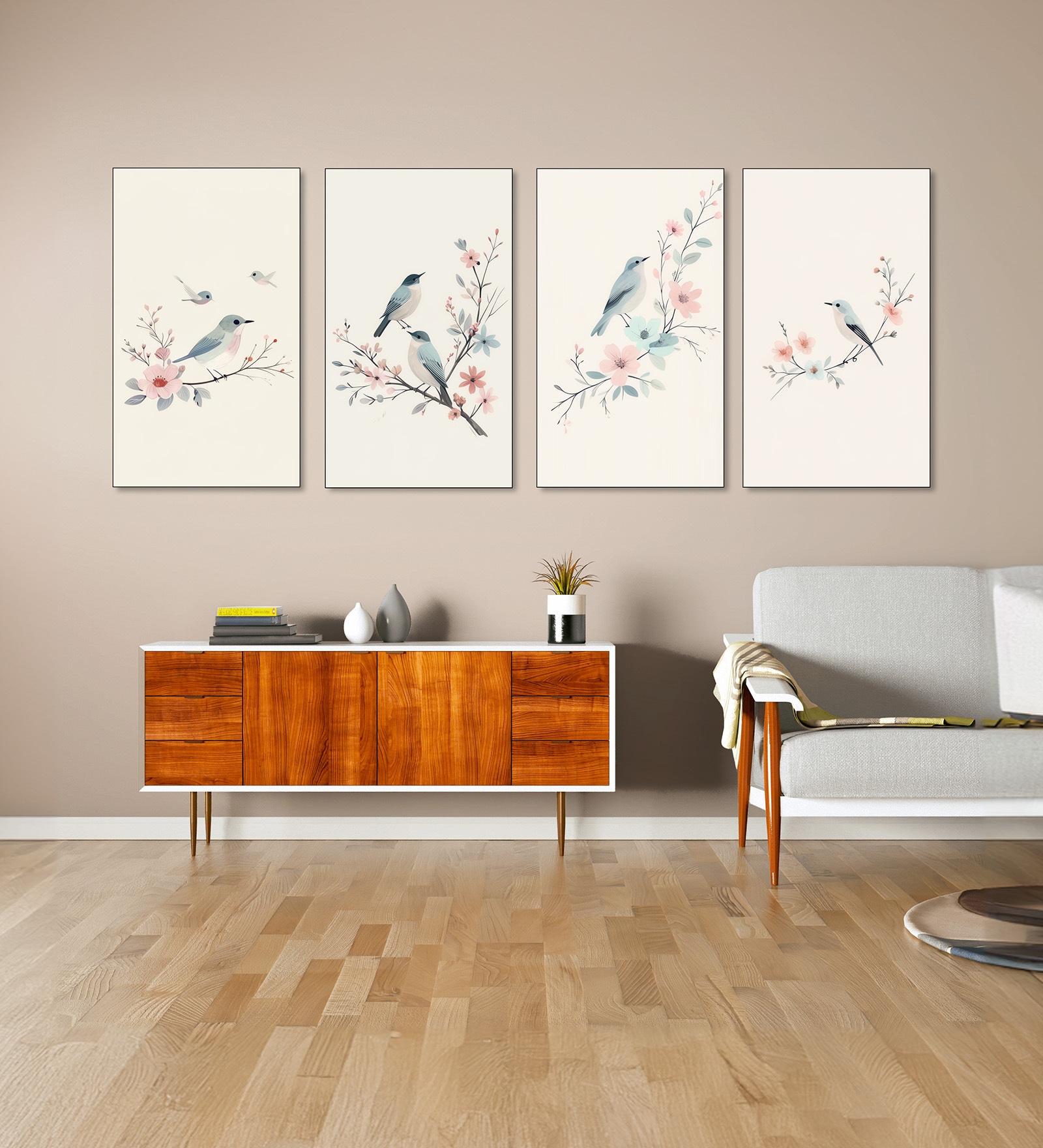 Birds Wall Art Set of 4 Canvas Wall Painting Black Frame