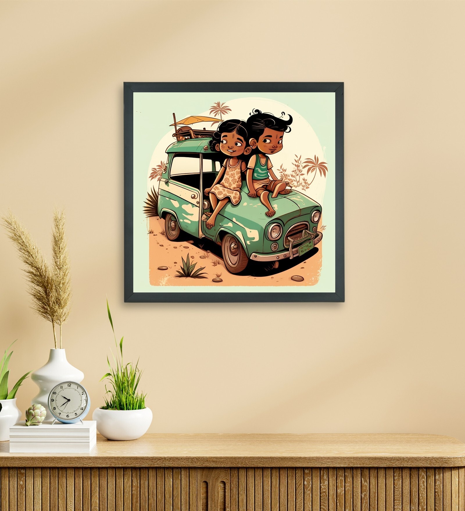 Indian Village Cartoon 24 x 24 inch Canvas Wall Art