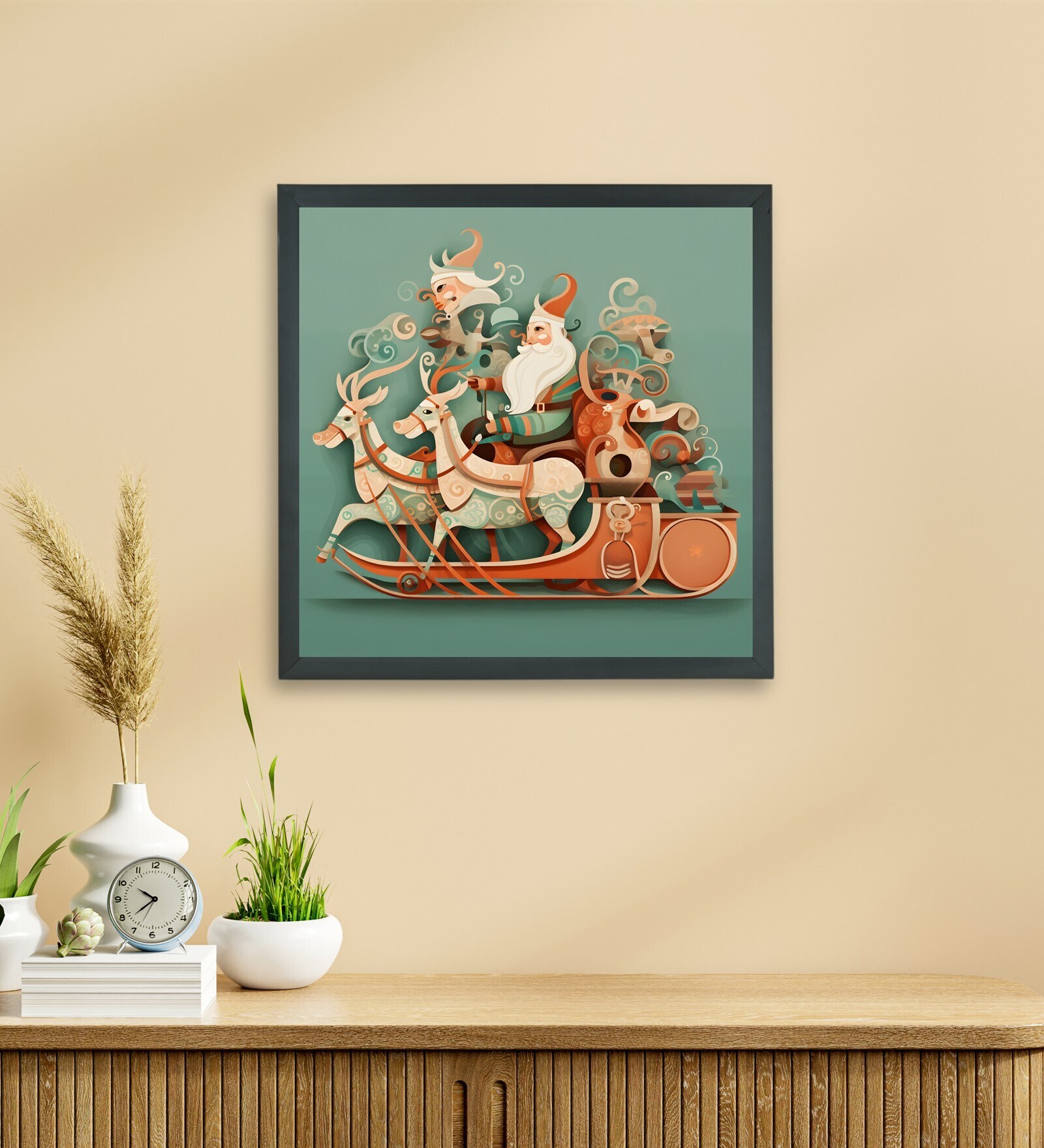 Santa & Reindeer Wonderland 16 x 16 inch Canvas Wall Art