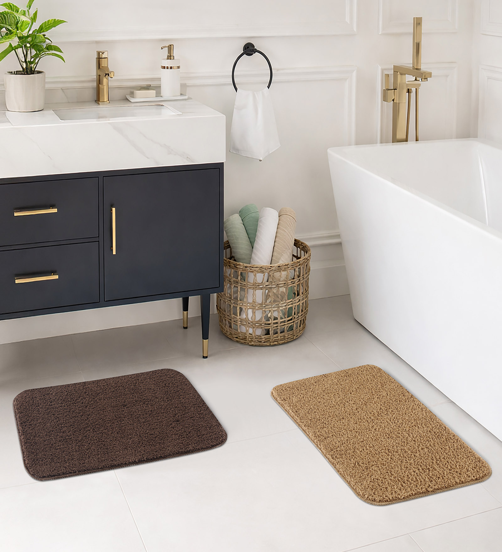 Chocolate & Camel Absorbent and Quick-Dry Polyester Bath Mats 38x58 cm