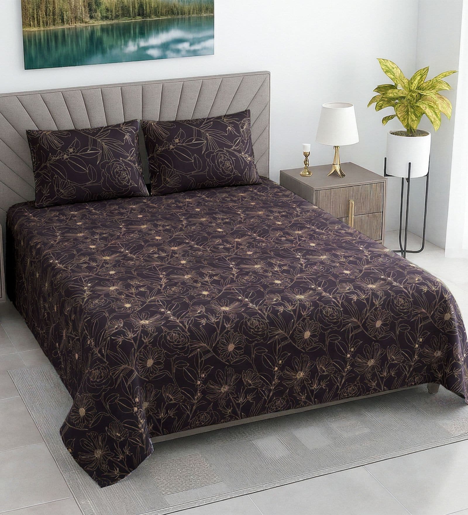 Brown Floral 280 TC Cotton Double Queen Size Bedsheet With 2 Pillow Covers