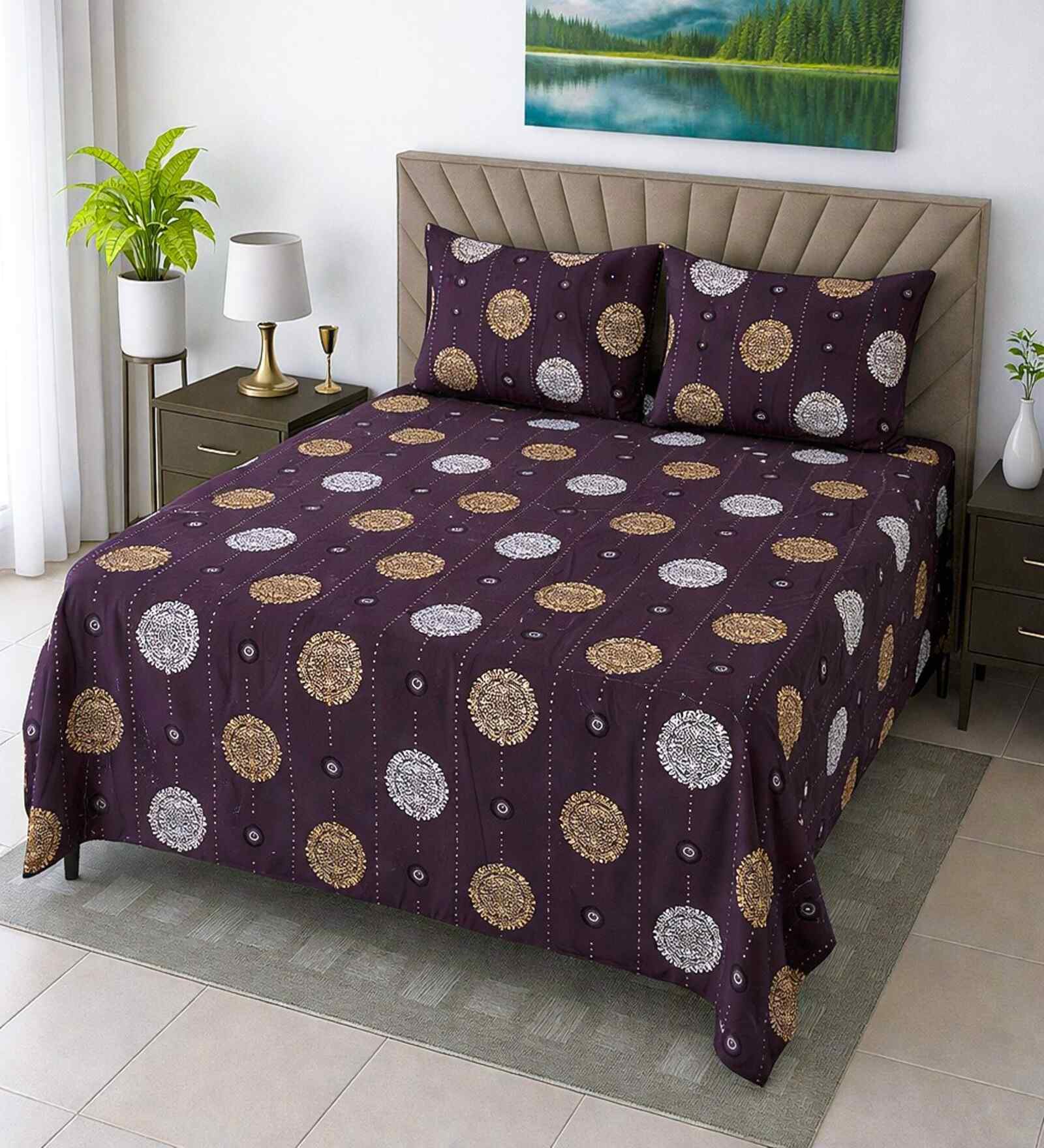 Chocolate Floral 400 Tc Cotton Super King Size Bedsheet With 2 Pillow Covers