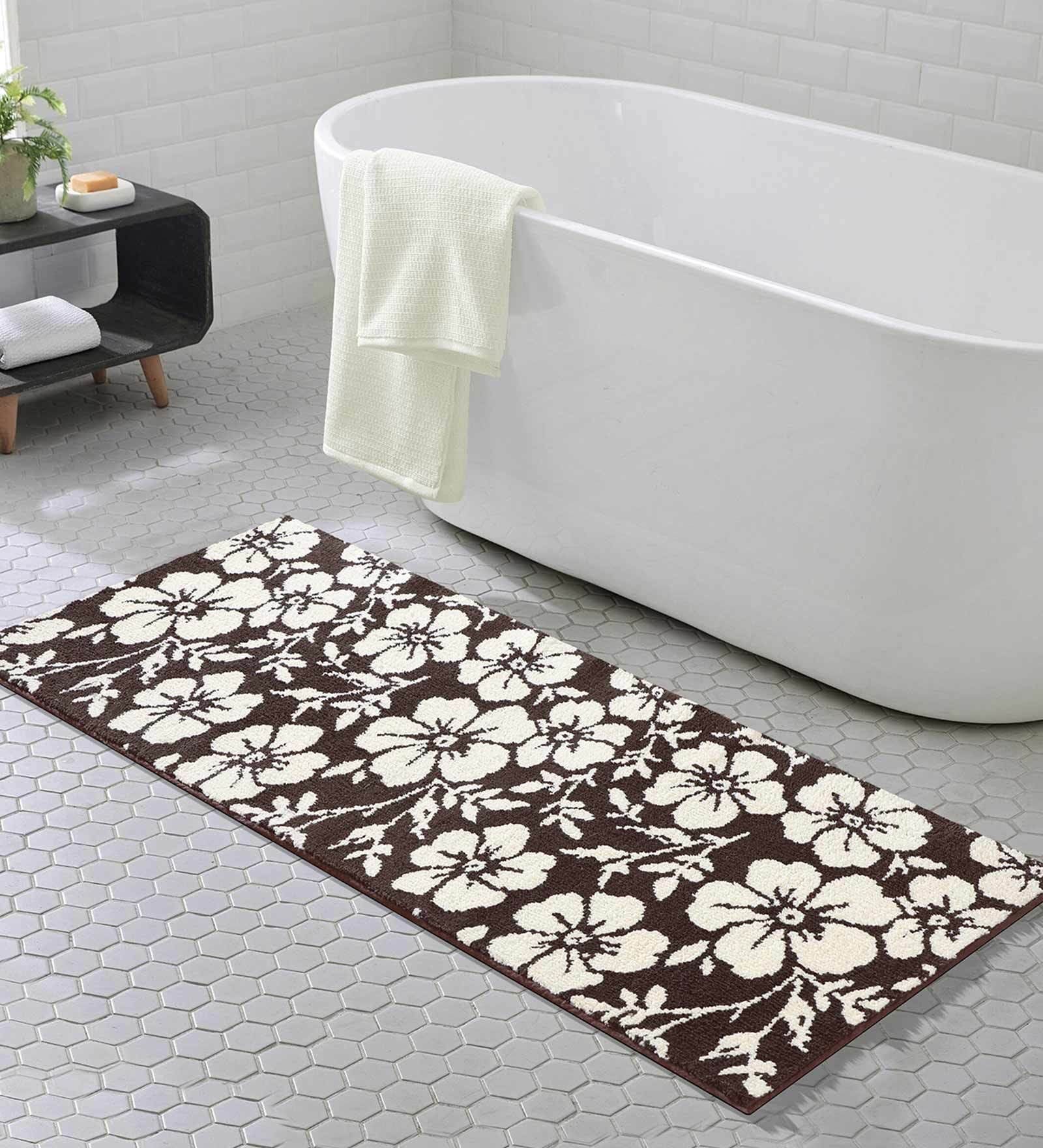 Brown Floral Polyester AntiSkid Bathmat