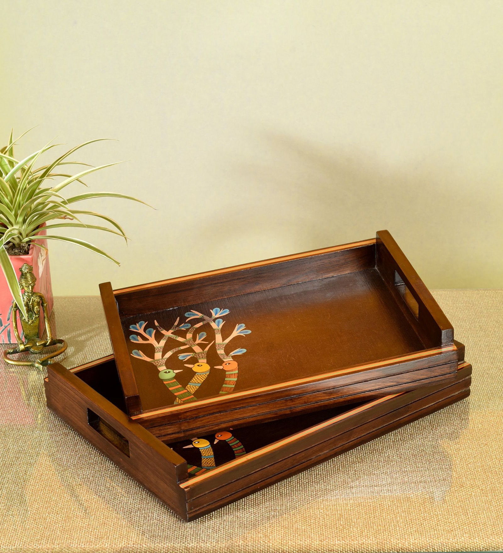 Chriping Birds Brown  Wooden (Set of 2) Serving Trays