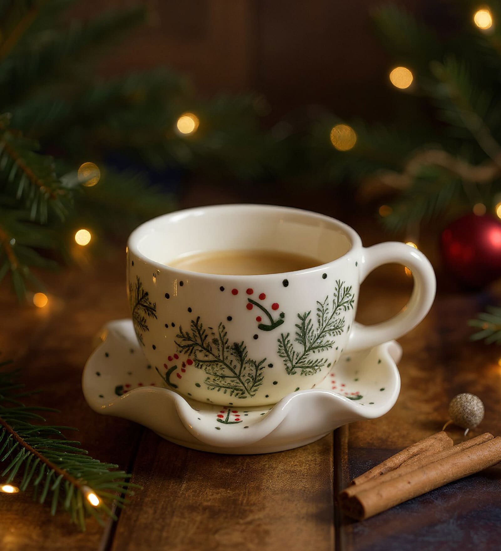 Christmas Berry Ceramic Tea Cup & Saucer (Green & White)