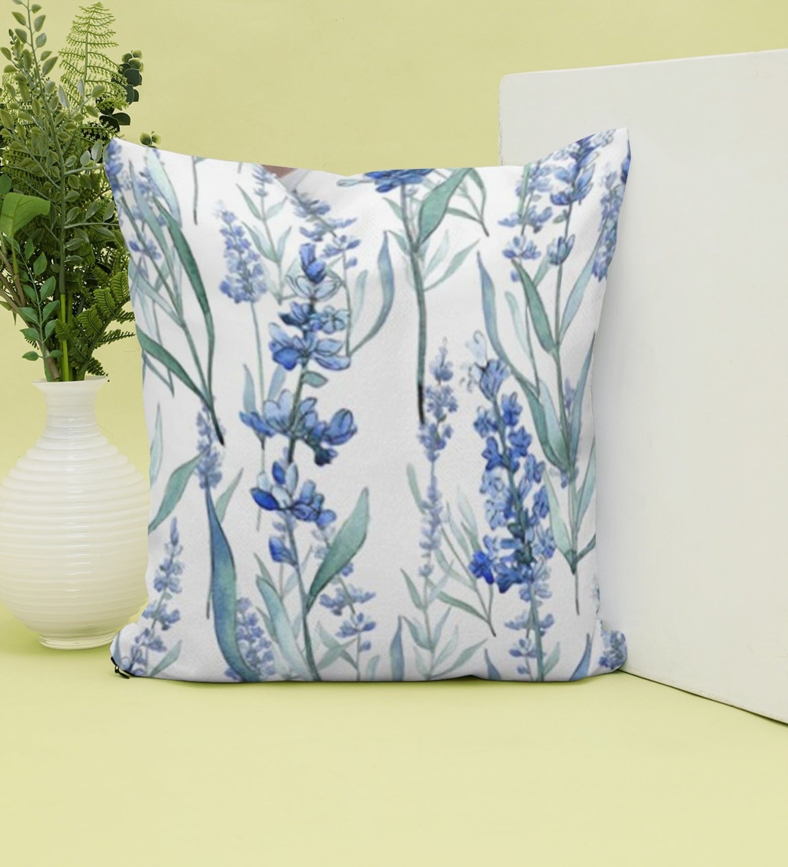 White and Blue Floral Satin 16X16 Inches Cushion Cover