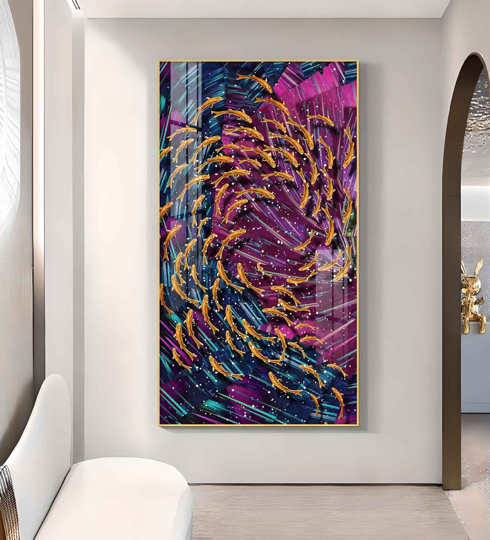 Chromatic Fish Dance Glass Finish Vertical Wall Art