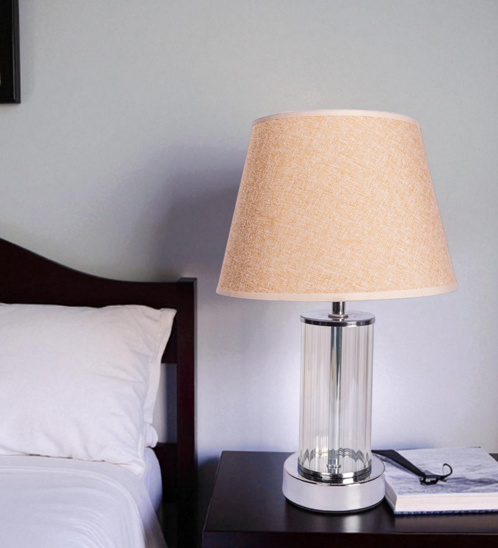Chrome Glass Table Lamp With Metal Base and Champagne Cotton Fabric Shade