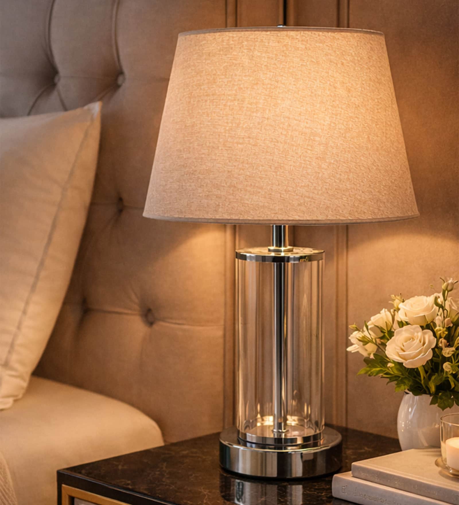 Chrome Glass Table Lamp With Metal Base and Champagne Cotton Fabric Shade