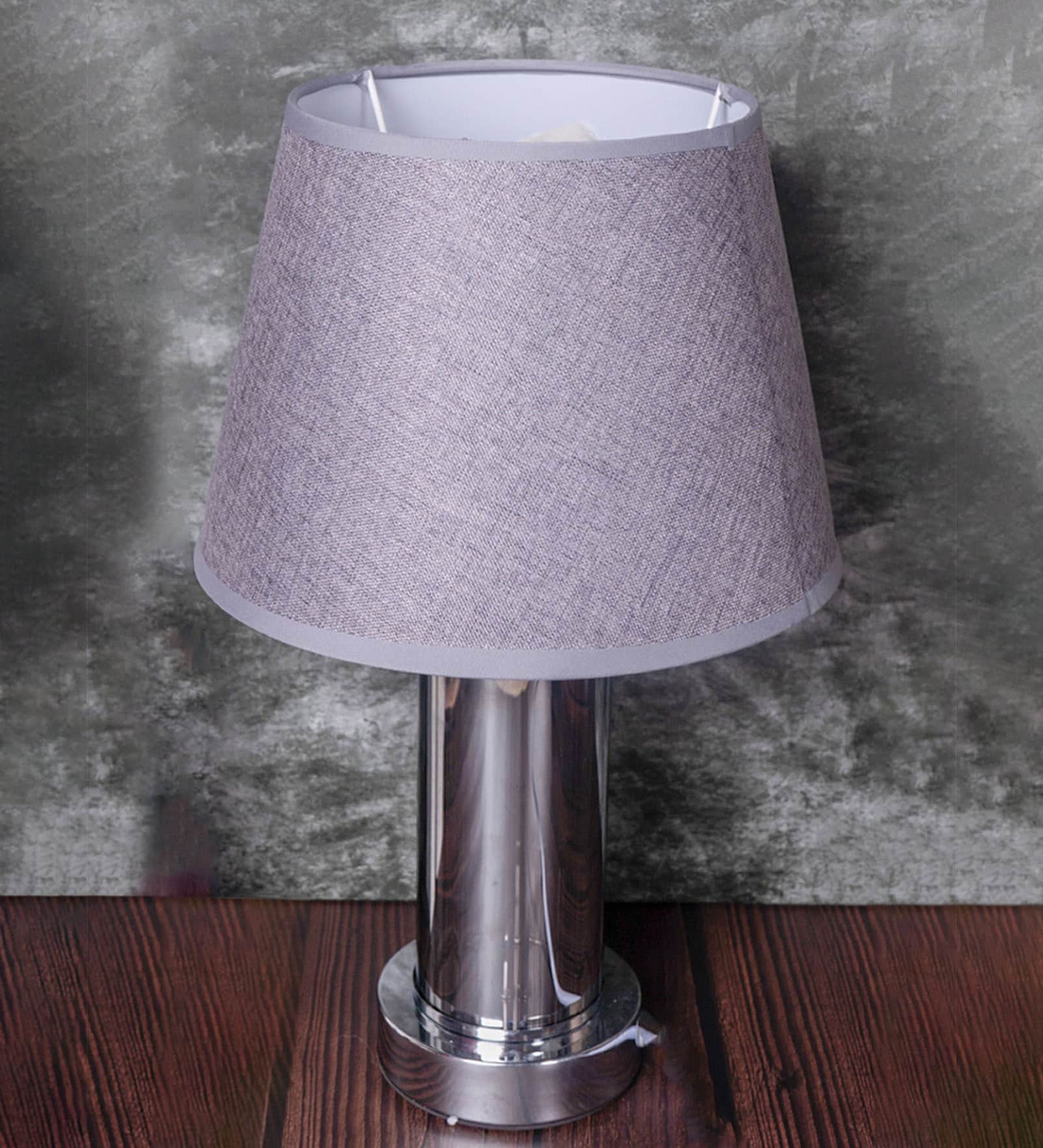 Chrome Glass Table Lamp With Metal Base and Grey Cotton Fabric Shade