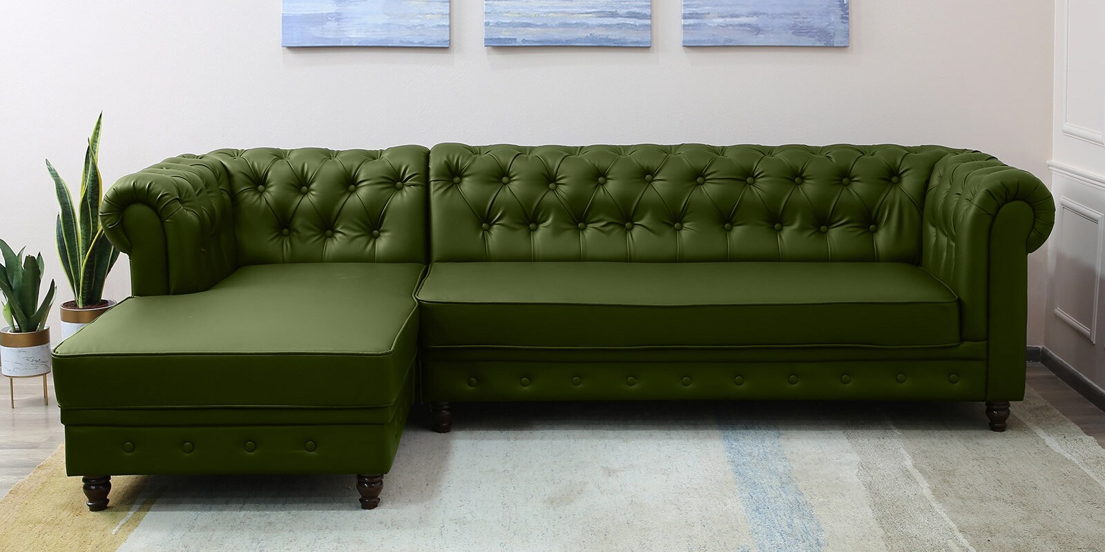 Cheshire Leatherette RHS Sectional Sofa (3 + Lounger) In Olive Green Colour