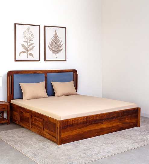 Chadov Sheesham Wood Queen Size Bed In Honey Oak Finish With Box Storage