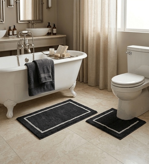Charcoal Cotton 20X30 Inches Anti-Skid Bath Mat Set Of 2