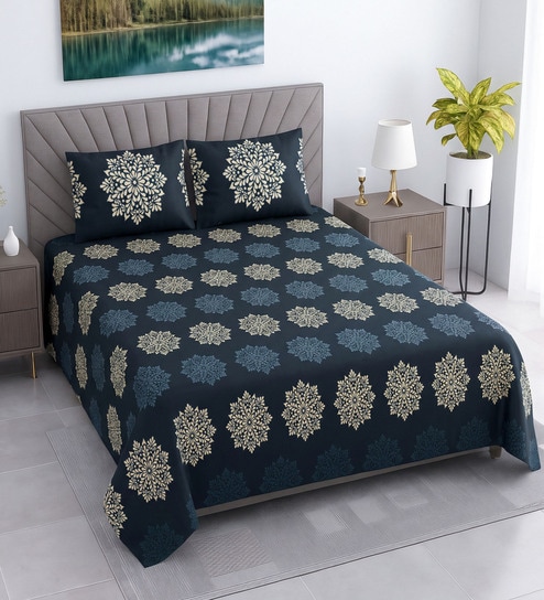 Green Floral 400 TC Cotton Queen Bedsheet with 2 Pillow covers Luxury Series Collection