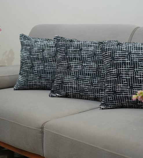 Charcoal Polyester Geometric 16x16 inches Cushion Covers Set of 3