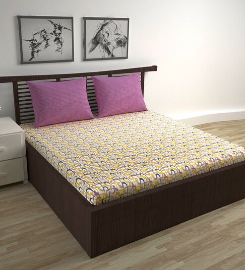 Charcoal Yellow Abstract 144 Tc Cotton Double Bedsheet With 2 Pillowcovers