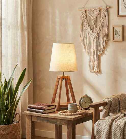 Charlotte Brown Wooden Table Lamp with White Jute Lampshade