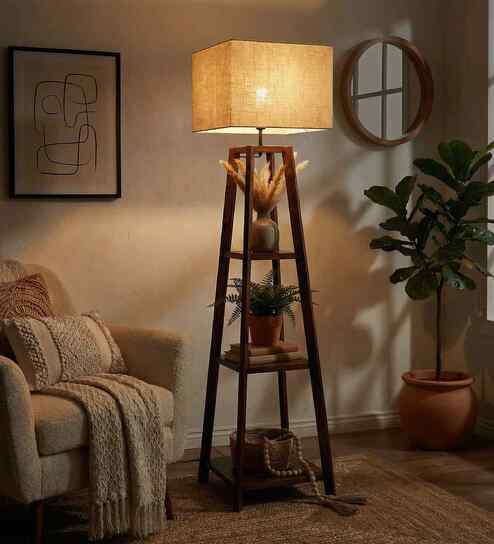 Charlotte Wooden Shelf Floor Lamp with Jute Shade & Brown Base