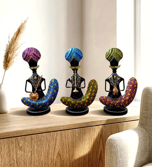 Muliticolor Metal Chaudhary Musicians Decorative Showpiece Set Of 3