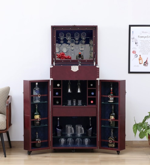 Chavez Leatherette Two Door Bar Cabinet In Wine Red Colour