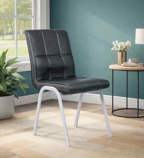 Checks Leatherette Dining Chair In Black Colour Set Of 2