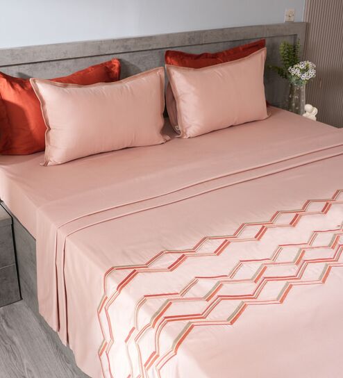 Peach 300TC 100% Cotton Solid Flat Embroidered Super King Bedsheet With 2 Pillow Covers