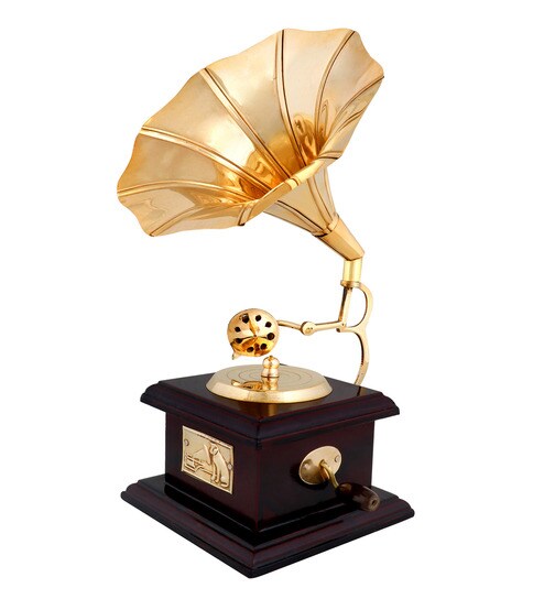 Cherry & Golden Wooden & Brass Retro Gramophone Showpiece by Anantaran