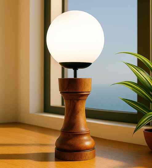 Chess Decorative Bedside Table Desk Lamp White Frost Shade, Handmade Wooden, Rook