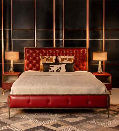 Chesterfield Leather King Size Bed In Red Finish