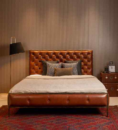 Chesterfield Leather King Size Bed In Tan Finish