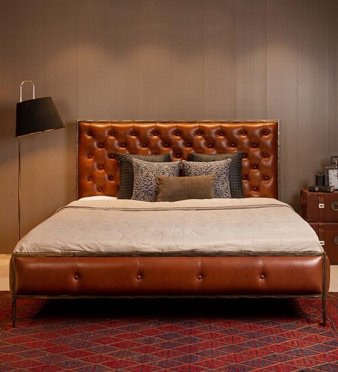 Chesterfield Leather King Size Bed In Tan Finish
