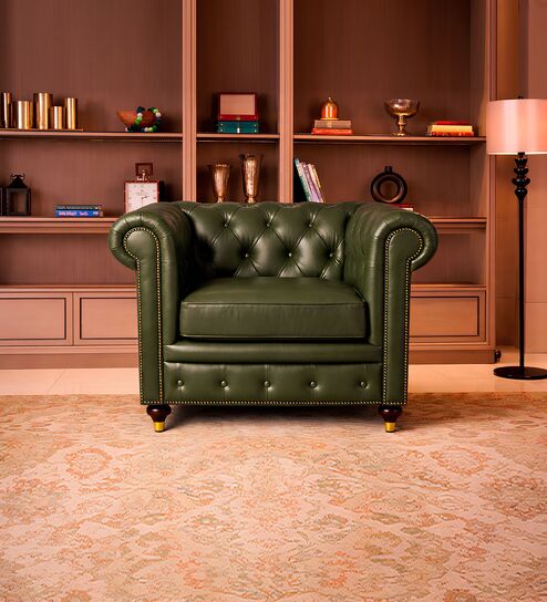Chesterfield Leather Single Seater Sofa in Olive Green Color
