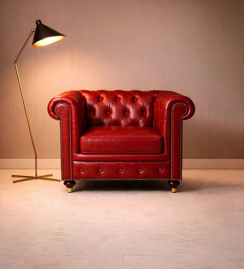 Chesterfield Leather Single Seater Sofa in Red Color