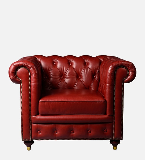Chesterfield Leather Single Seater Sofa in Red Colour