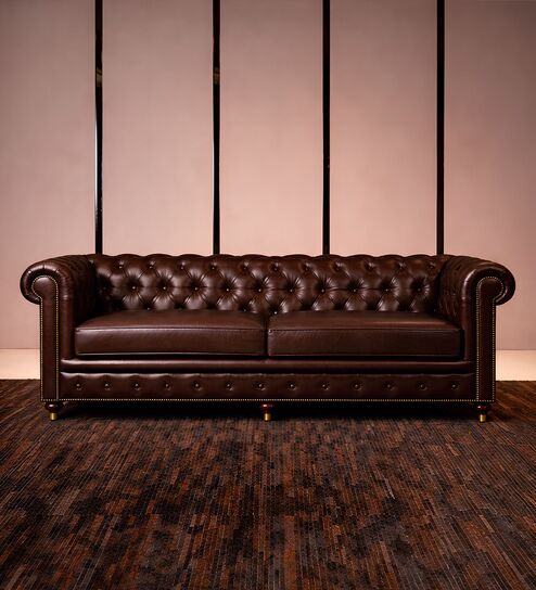 Chesterfield Leather Three Seater Sofa in Brown Color