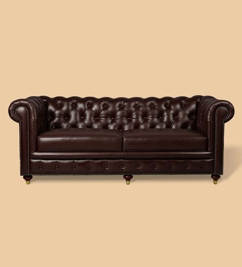 Chesterfield Leather Three Seater Sofa in Brown Colour