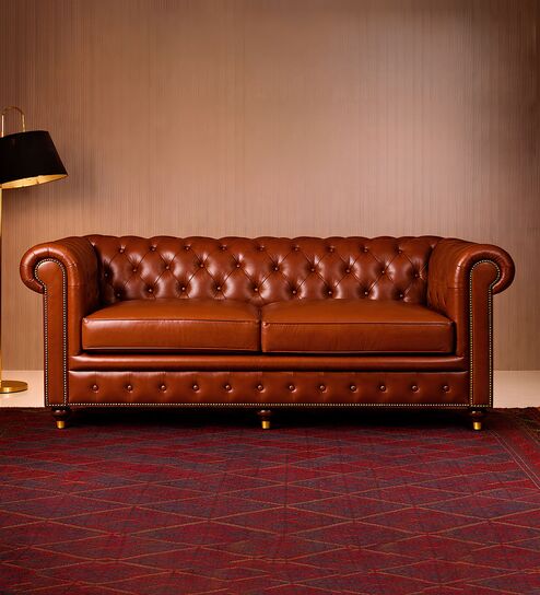 Chesterfield Leather Three Seater Sofa in Cognac Colour